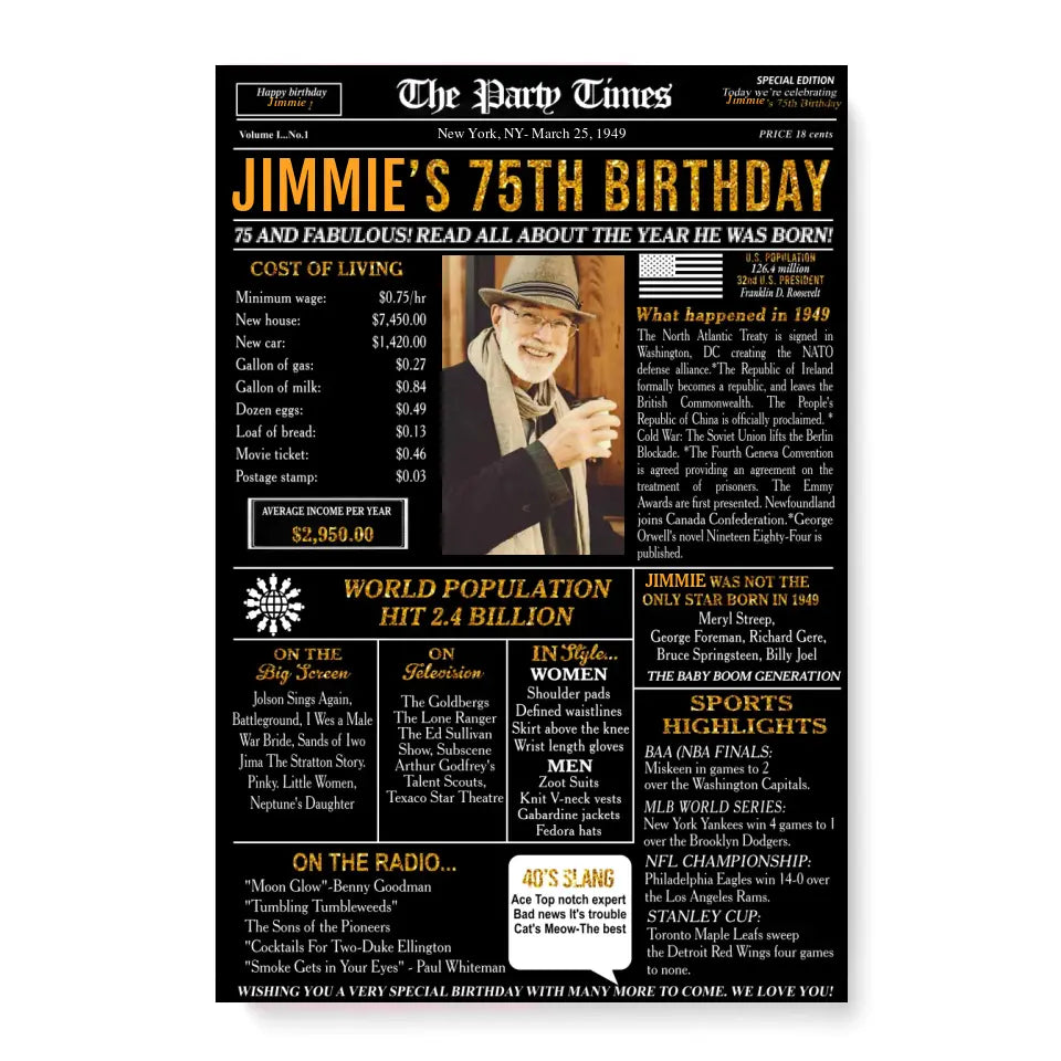 Personalized 75th birthday gift for men or women, 75th birthday newspaper poster, 75th birthday decor Printable, 75 years ago back in 1949