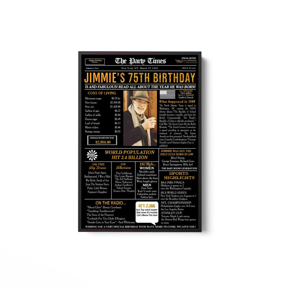 Personalized 75th birthday gift for men or women, 75th birthday newspaper poster, 75th birthday decor Printable, 75 years ago back in 1949