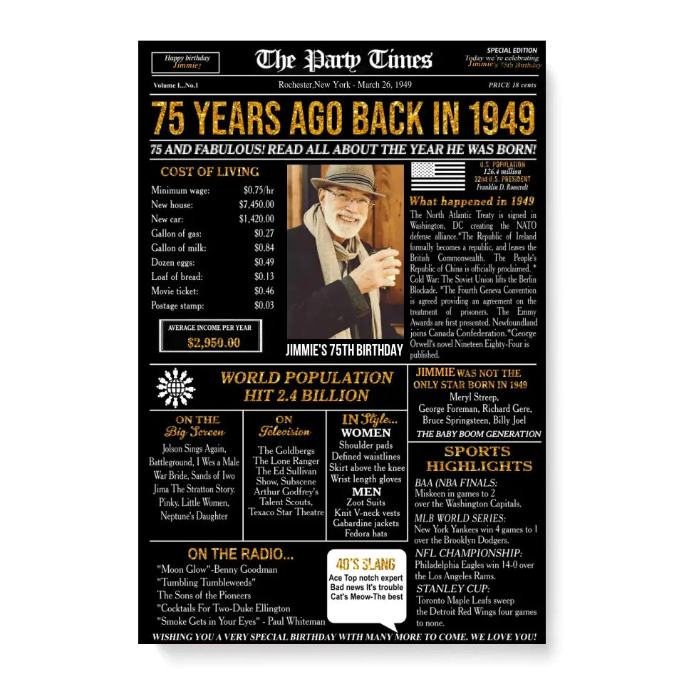 Personalized 75th birthday gift for men or women, 75th birthday newspaper poster, 75th birthday decor Printable, 75 years ago back in 1949