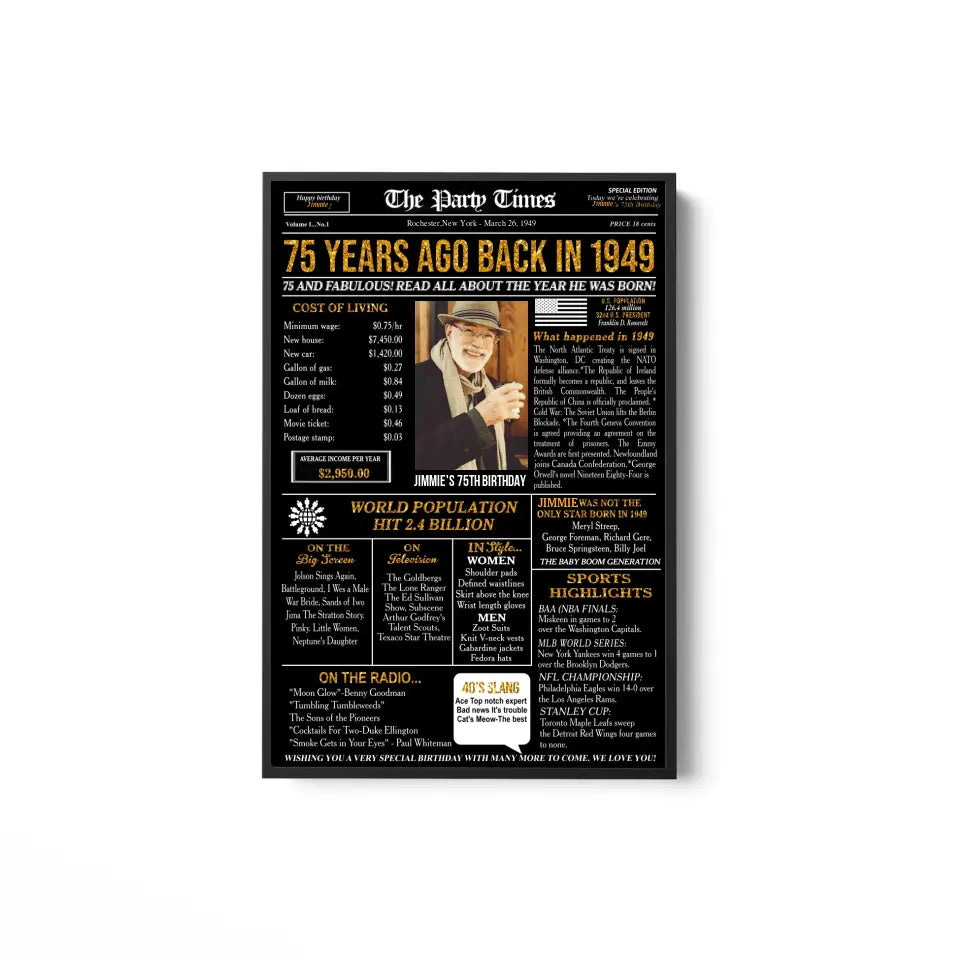 Personalized 75th birthday gift for men or women, 75th birthday newspaper poster, 75th birthday decor Printable, 75 years ago back in 1949