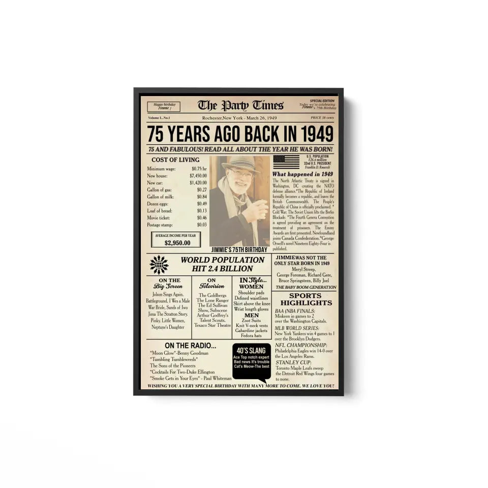 Personalized 75th birthday gift for men or women, 75th birthday newspaper poster, 75th birthday decor Printable, 75 years ago back in 1949