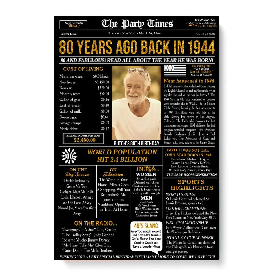 Custom 80th Birthday Gift Ideas Back in 1944 Birthday Newspaper Poster Canvas Turning 80 Birthday Party Decorations