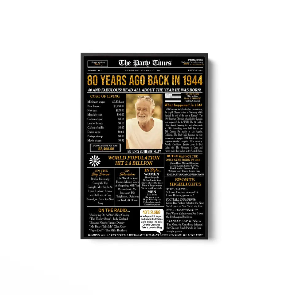 Custom 80th Birthday Gift Ideas Back in 1944 Birthday Newspaper Poster Canvas Turning 80 Birthday Party Decorations