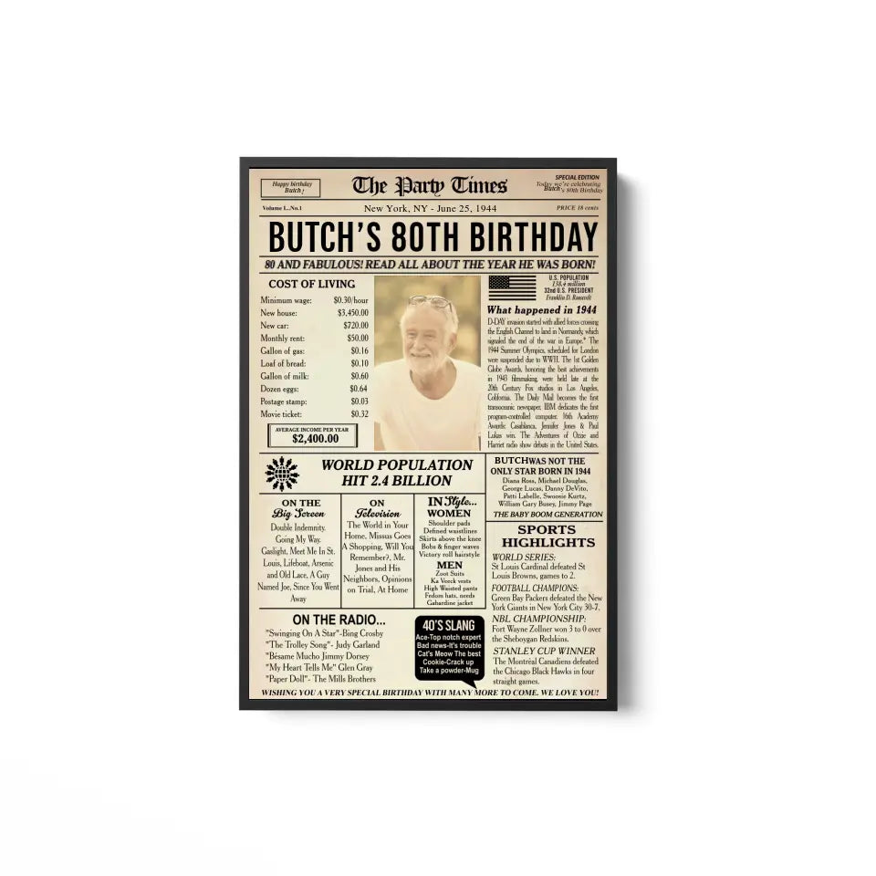 80th Birthday Newspaper Poster Sign Printable, 80th birthday gift for men or women, Back in 1944, 80th birthday decorations, party decor