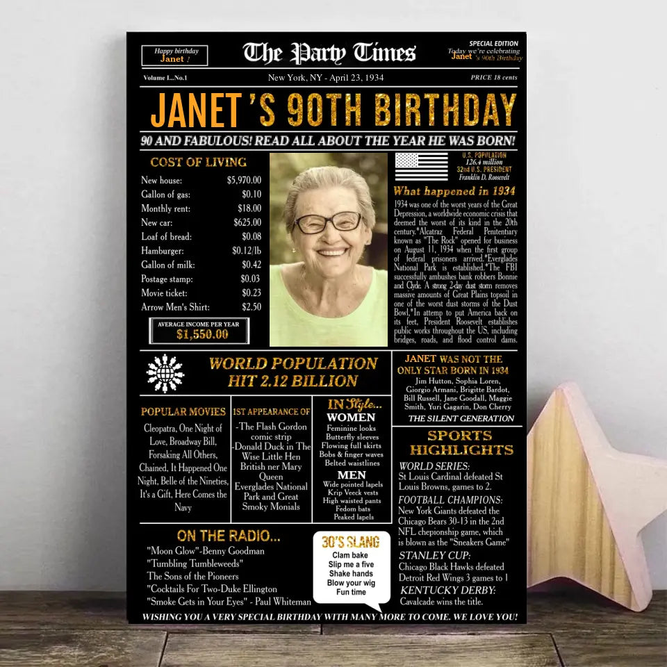 Custom 90th Birthday Gift Ideas Back in 1934 Birthday Newspaper Poster Canvas Turning 90 Birthday Party Decorations