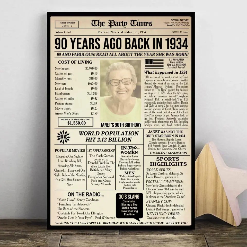 Personalized 90th birthday gift for men or women, 90th birthday newspaper poster, 90th birthday decor Printable, 90 years ago back in 1934