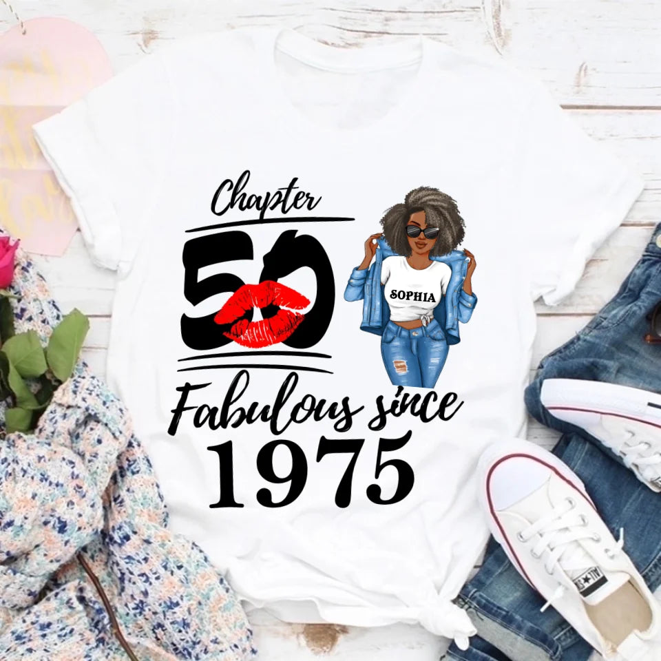 Chapter 50, Fabulous Since 1975 50th Birthday Unique T Shirt For Woman, Custom Birthday Shirt, Her Gifts For 50 Years Old , Turning 50 Birthday Cotton Shirt