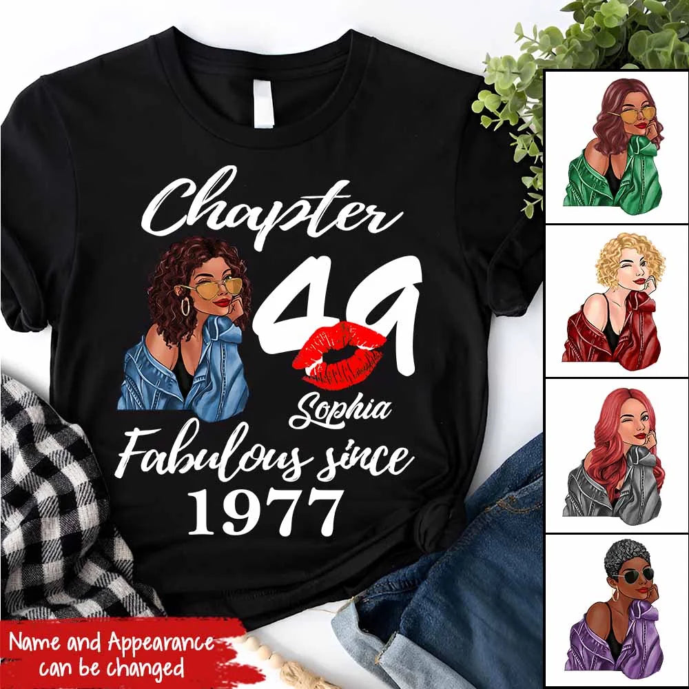 Custom Birthday Shirts, Chapter 49, Fabulous Since 1977 49th Birthday Unique T Shirt For Woman, Her Gifts For 49 Years Old, Turning 49 Birthday Cotton Shirt