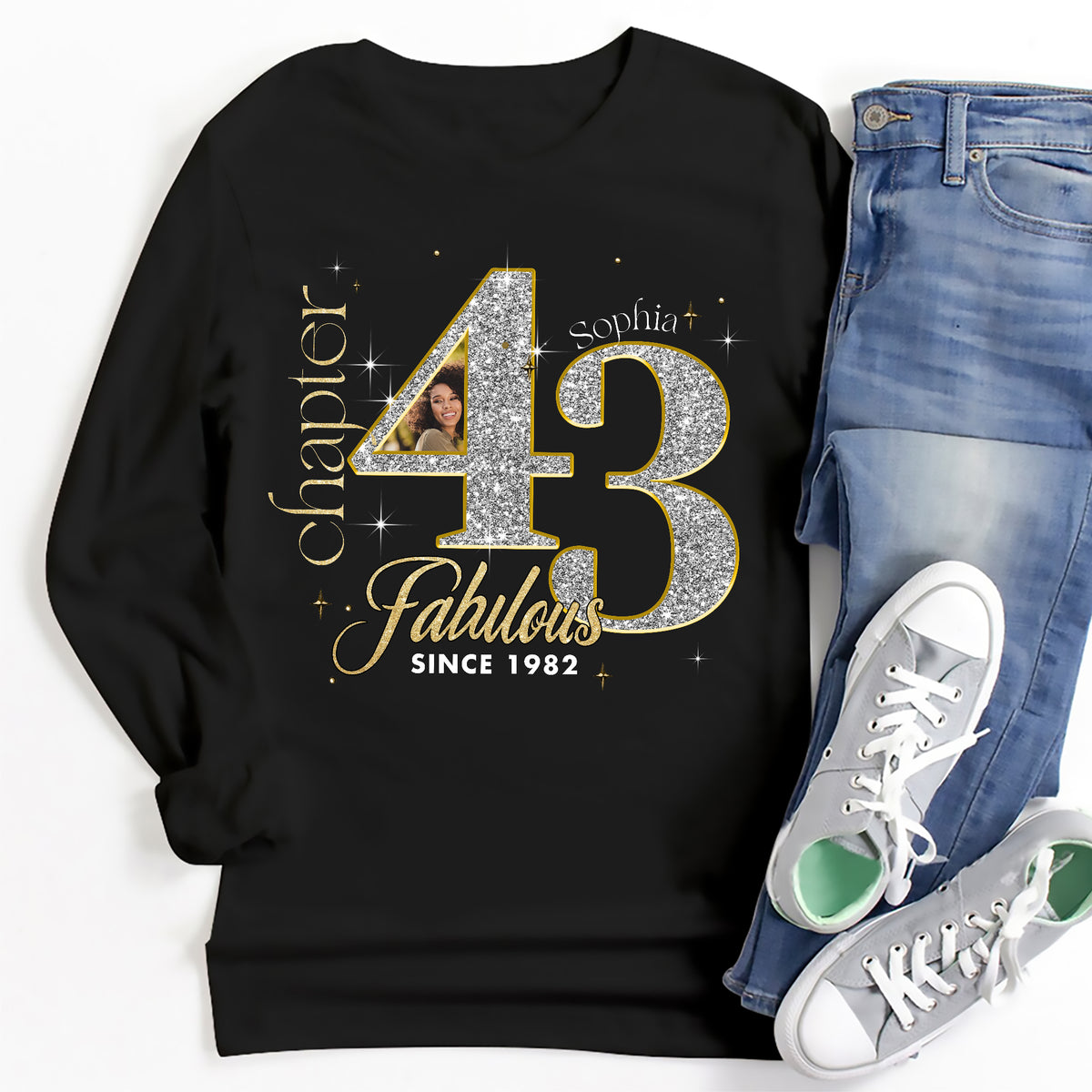 Custom Face Photo 43&#39;s Birthday Shirt, Fabulous Since 1982 43rd Birthday Unique T Shirt For Woman, Custom Birthday Shirt, Her Gifts For 43 Years Old , Turning 43 Birthday Cotton Shirt-YPT-ALK