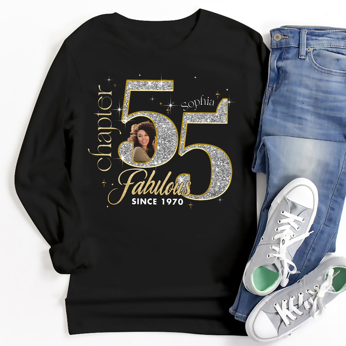 Custom Face Photo 55&#39;s Birthday Shirt, 55th Birthday Unique T Shirt For Woman, Custom Birthday Shirt, Her Gifts For 55 Years Old , Turning 55 Birthday Cotton Shirt-YPT-ALK