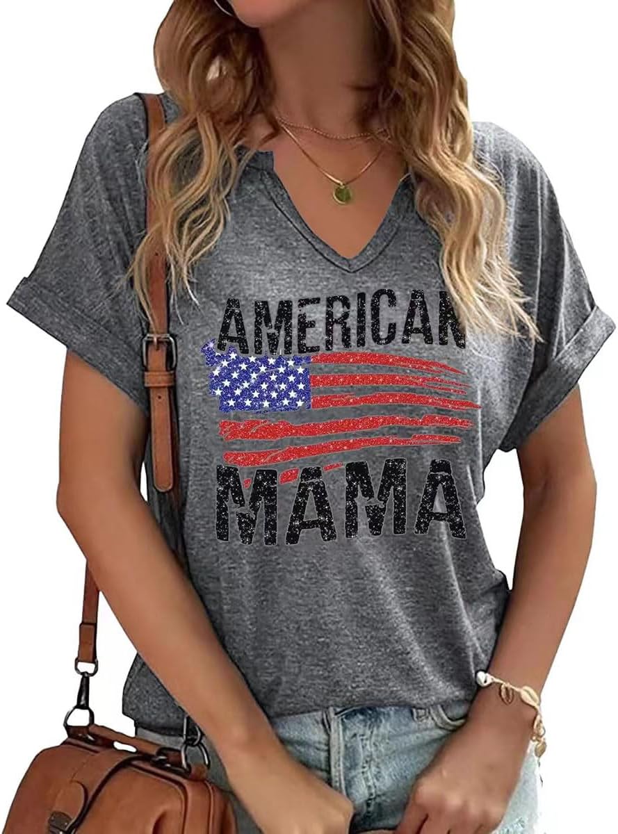 Mama V Neck Shirt Women Funny Mom Life T-Shirt Mother&#39;s Day Short Sleeve Graphic Tees Mama Gift Casual Tops Blouse Mother Shirt