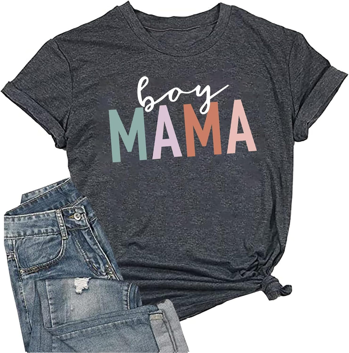 Funny Boy Mama Shirt for Women - Mom Letter Print Tshirt Boy Mom Short Sleeve Shirt Mothers Day Tee Top
