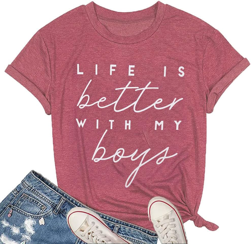 Life is Better with My Boys Women Funny Mom Gift Shirts Graphic Summer Short Athletic Casual Workout Tops Mother Shirt