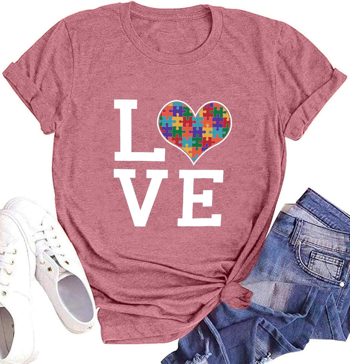 hohololo Autism Awareness Shirt Womens Autism T-Shirt Teacher Puzzle Heart Graphic Tee Autism Acceptance Tops