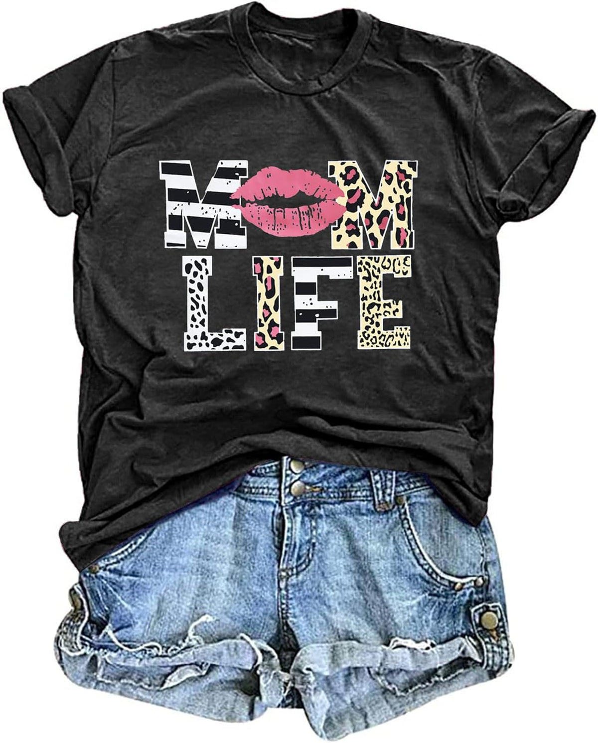 Women Mom Life T-Shirts Leopard Lips Stripe Graphic Shirts Funny Letter Printed Tee Mother&#39;s Day Casual Blouse Mother Shirt
