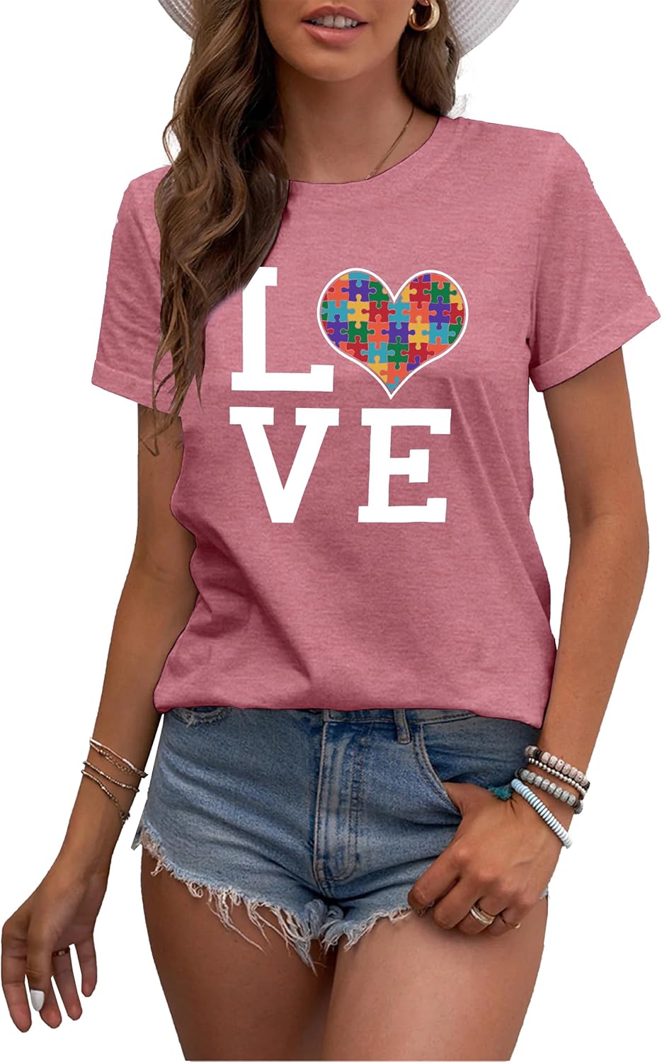 hohololo Autism Awareness Shirt Womens Autism T-Shirt Teacher Puzzle Heart Graphic Tee Autism Acceptance Tops