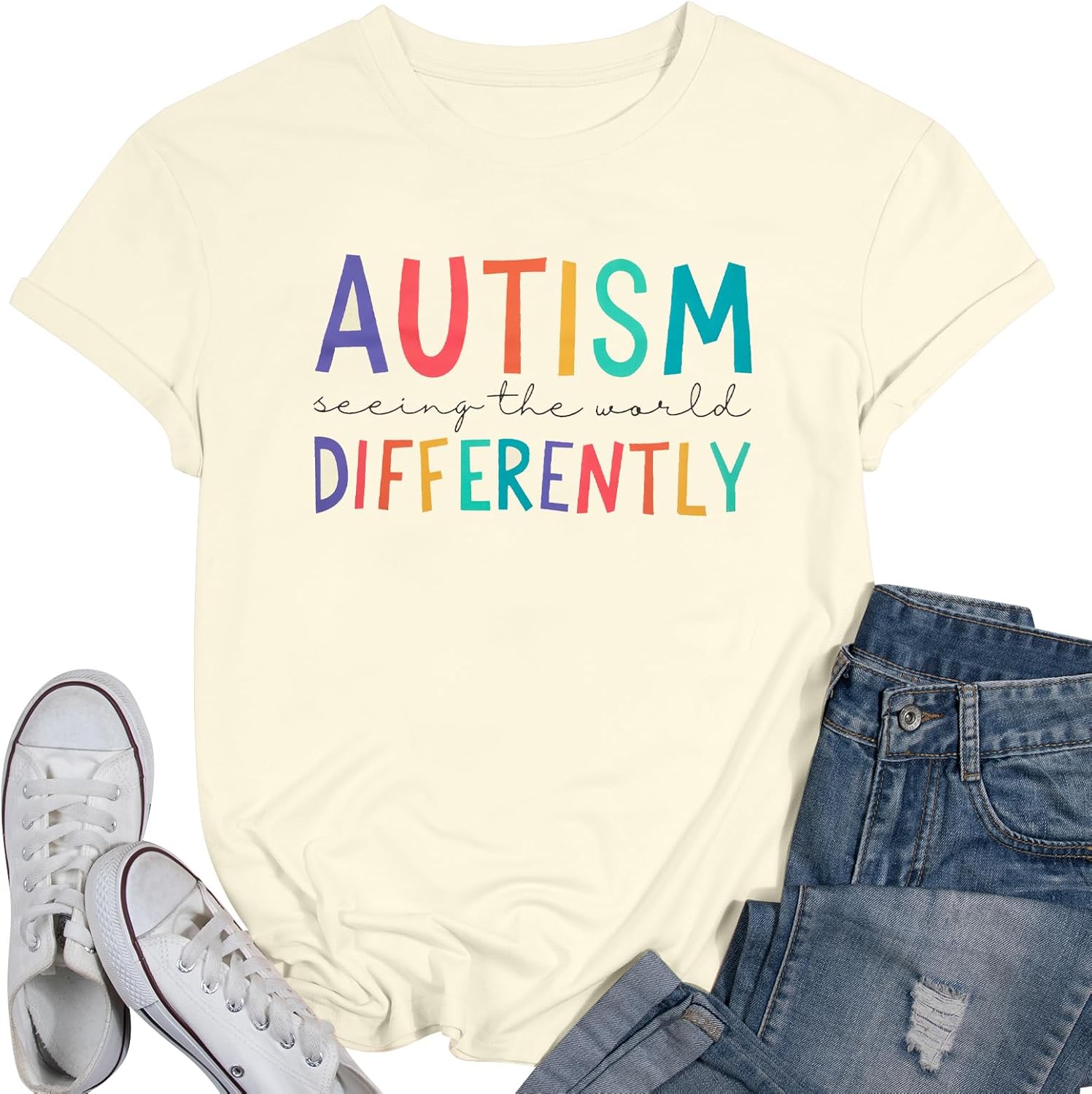 ASTANFY Autism Awareness Shirt Women Autism Seeing The World Differently T-Shirt Casual Bleached Inspirational Tee Tops