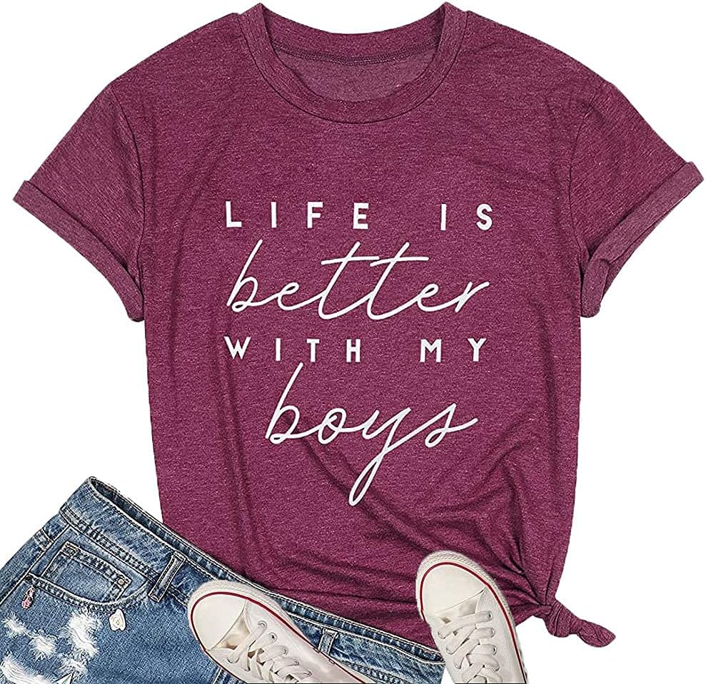 Life is Better with My Boys Women Funny Mom Gift Shirts Graphic Summer Short Athletic Casual Workout Tops Mother Shirt