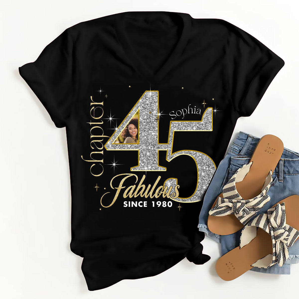 Custom Face Photo 45&#39;s Birthday Shirt, 45th Birthday Unique T Shirt For Woman, Custom Birthday Shirt, Her Gifts For 45 Years Old , Turning 45 Birthday Cotton Shirt-YPT-ALK