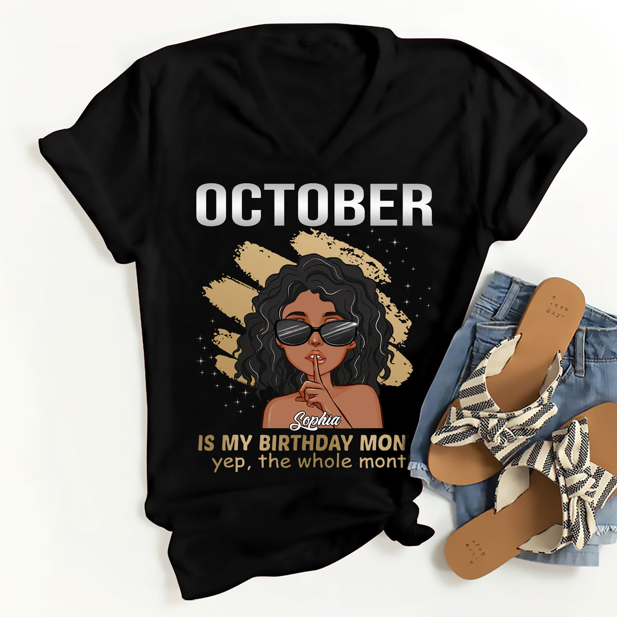 Custom October Birthday Shirt For Woman, Queens are Born In October Gifts, Melanin Afro Woman Shirt, Black Girl Tee, Afro Queen Gift-YPT-ALK