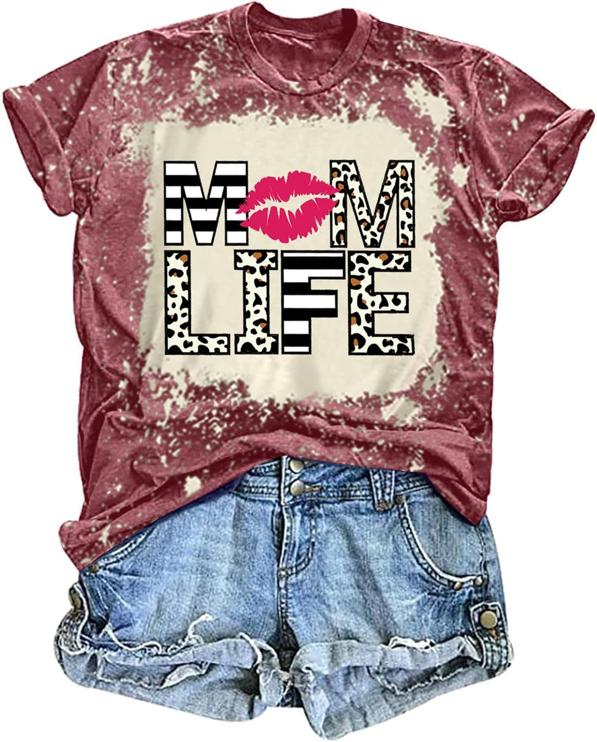Women Mom Life T-Shirts Leopard Lips Stripe Graphic Shirts Funny Letter Printed Tee Mother&#39;s Day Casual Blouse Mother Shirt