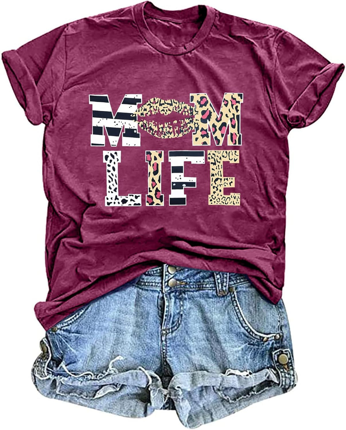 Women Mom Life T-Shirts Leopard Lips Stripe Graphic Shirts Funny Letter Printed Tee Mother&#39;s Day Casual Blouse Mother Shirt