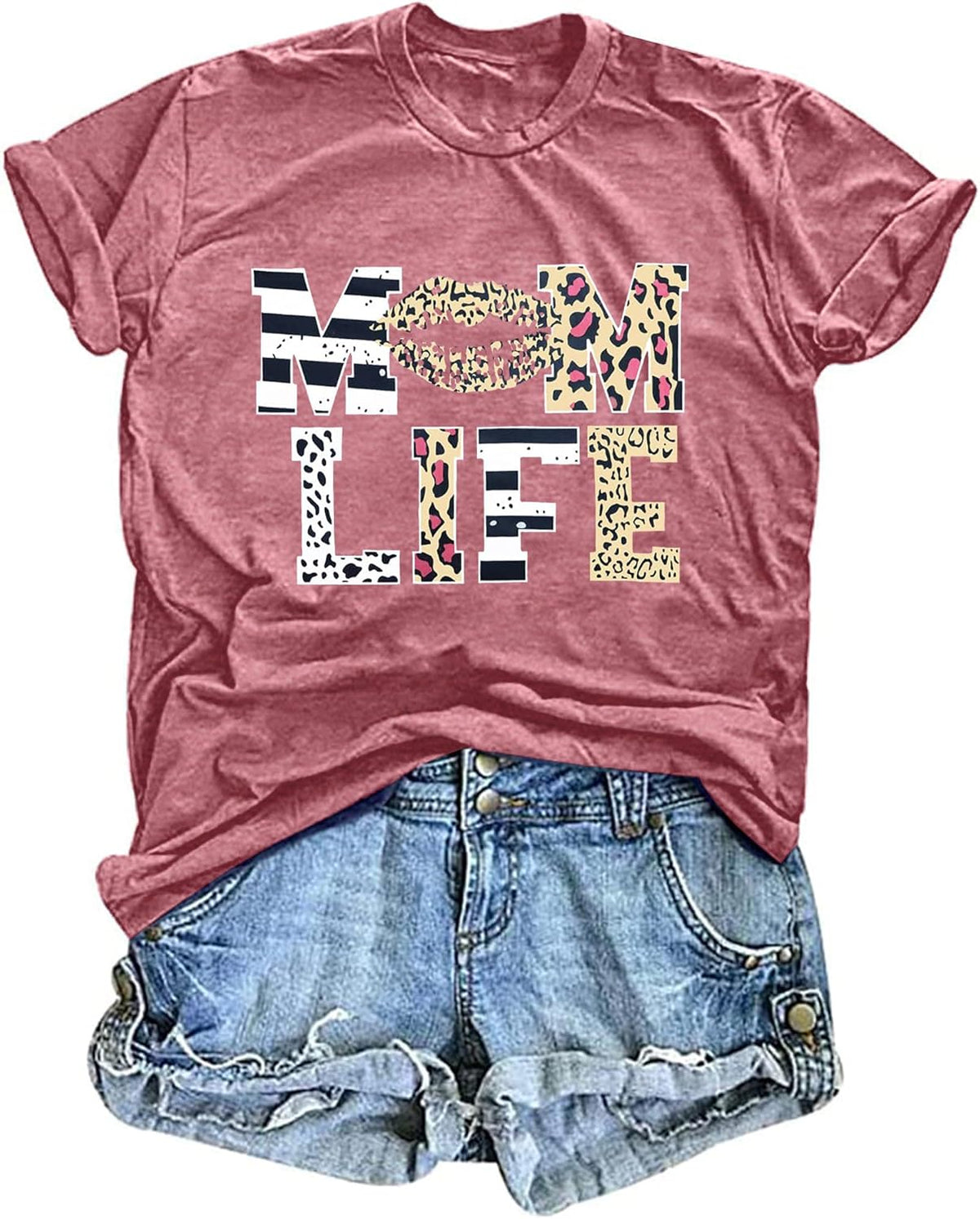 Women Mom Life T-Shirts Leopard Lips Stripe Graphic Shirts Funny Letter Printed Tee Mother&#39;s Day Casual Blouse Mother Shirt