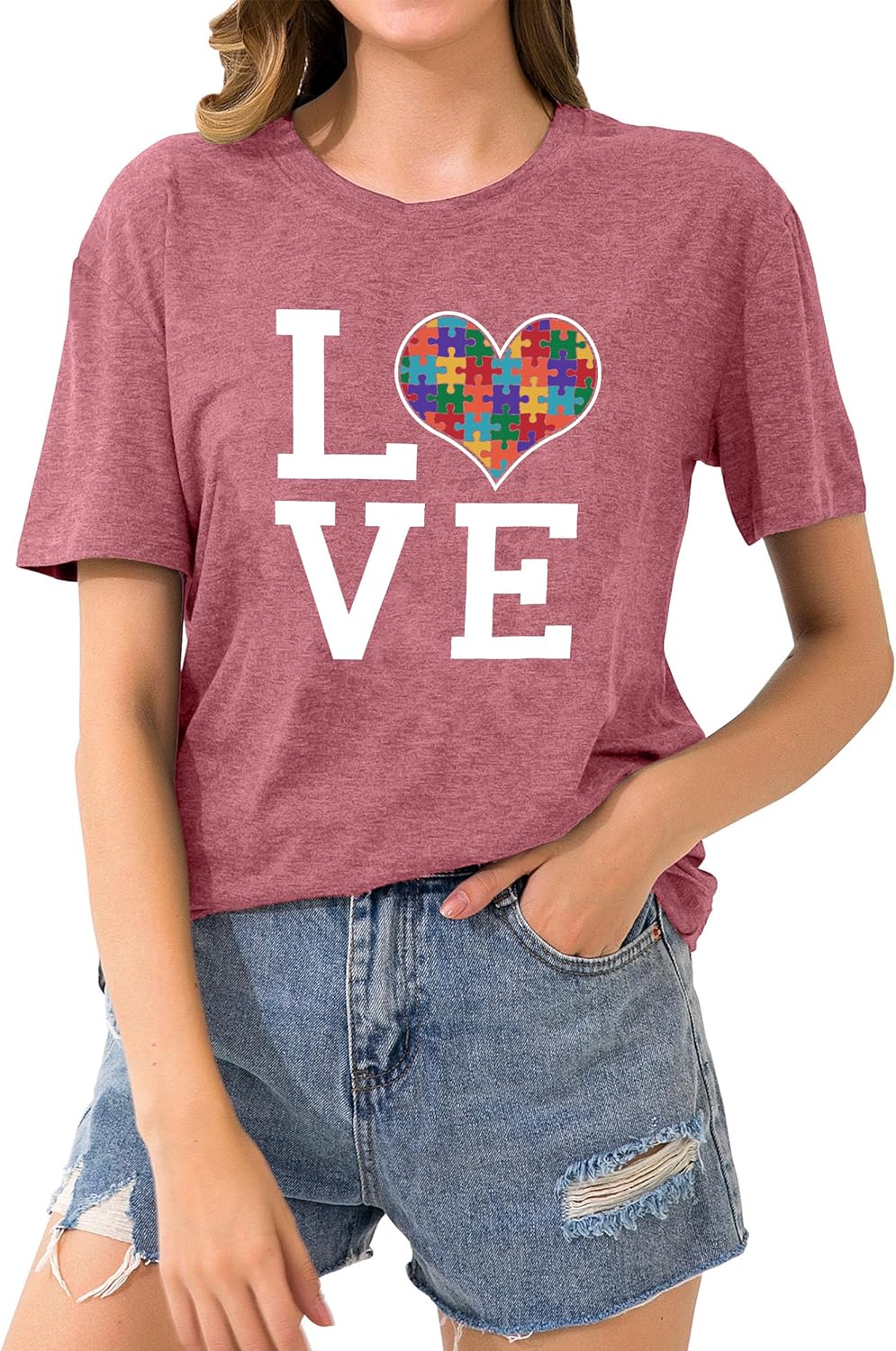 hohololo Autism Awareness Shirt Womens Autism T-Shirt Teacher Puzzle Heart Graphic Tee Autism Acceptance Tops