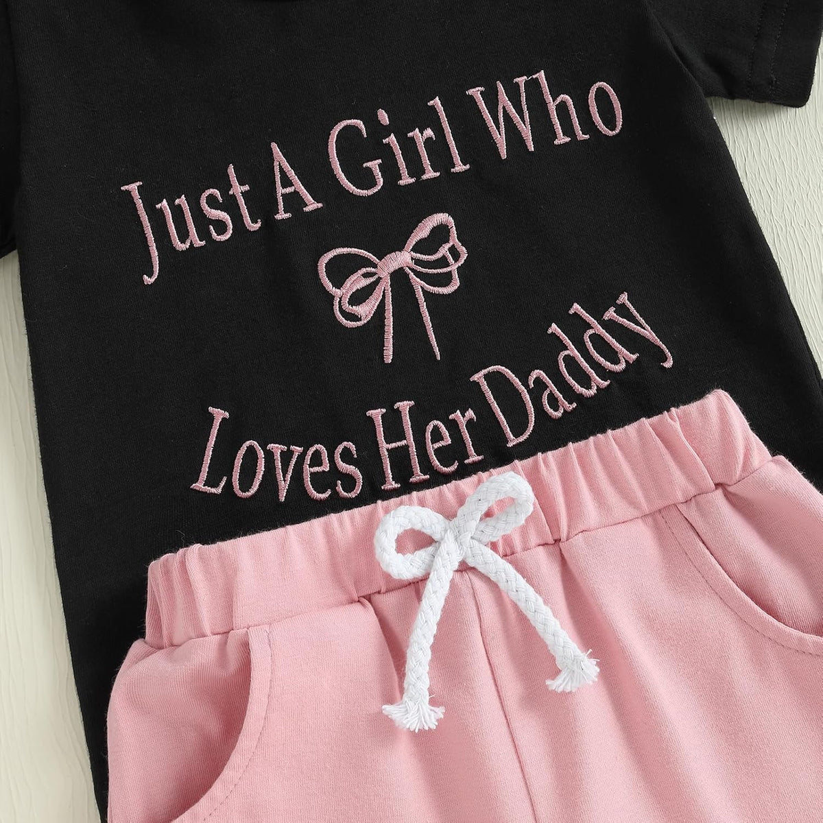 Meiweileya Toddler Baby Girl Summer Clothes Short Sleeve Funny Letters&amp;Bow Tshirt Tops Solid Shorts Set Father&#39;s Day Outfit
