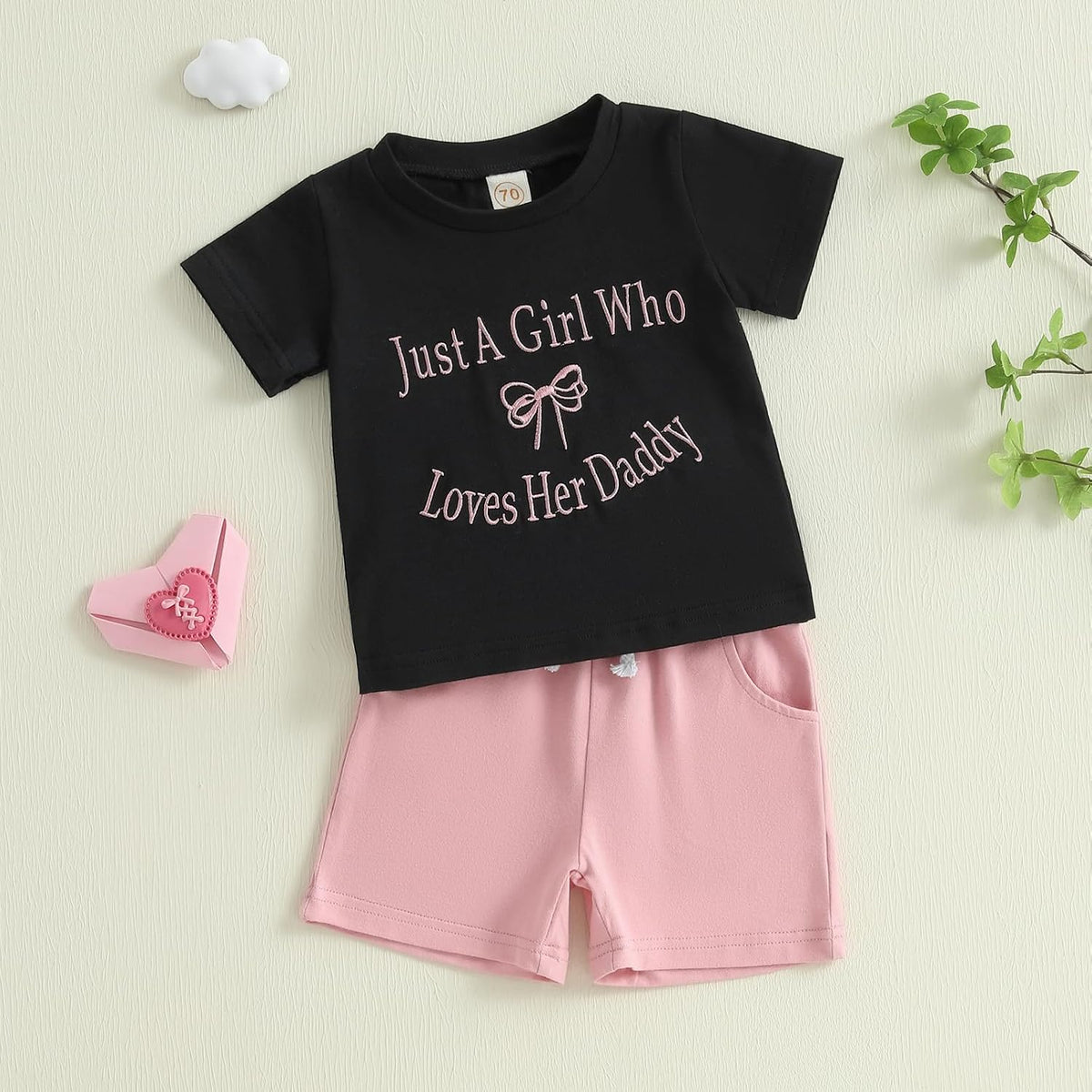 Meiweileya Toddler Baby Girl Summer Clothes Short Sleeve Funny Letters&amp;Bow Tshirt Tops Solid Shorts Set Father&#39;s Day Outfit