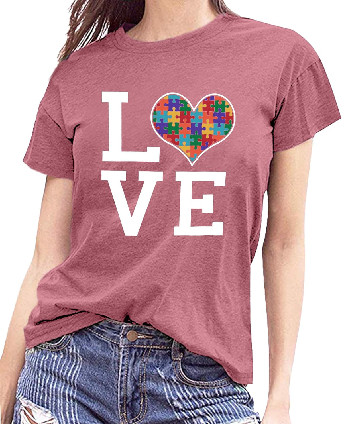 hohololo Autism Awareness Shirt Womens Autism T-Shirt Teacher Puzzle Heart Graphic Tee Autism Acceptance Tops