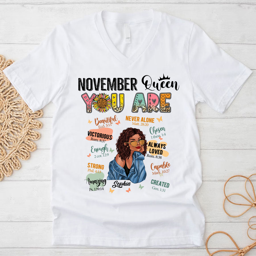 Personalized November T Shirt, Custom November Birthday Shirt For Woman, Queens Are Born In November Gifts, Melanin Afro Woman Shirt, Black Girl Tee, Afro Queen Gift-YPT-TLQ