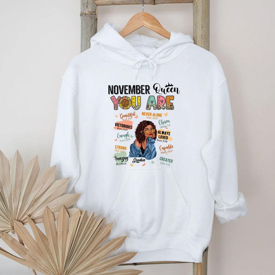 Personalized November T Shirt, Custom November Birthday Shirt For Woman, Queens Are Born In November Gifts, Melanin Afro Woman Shirt, Black Girl Tee, Afro Queen Gift-YPT-TLQ