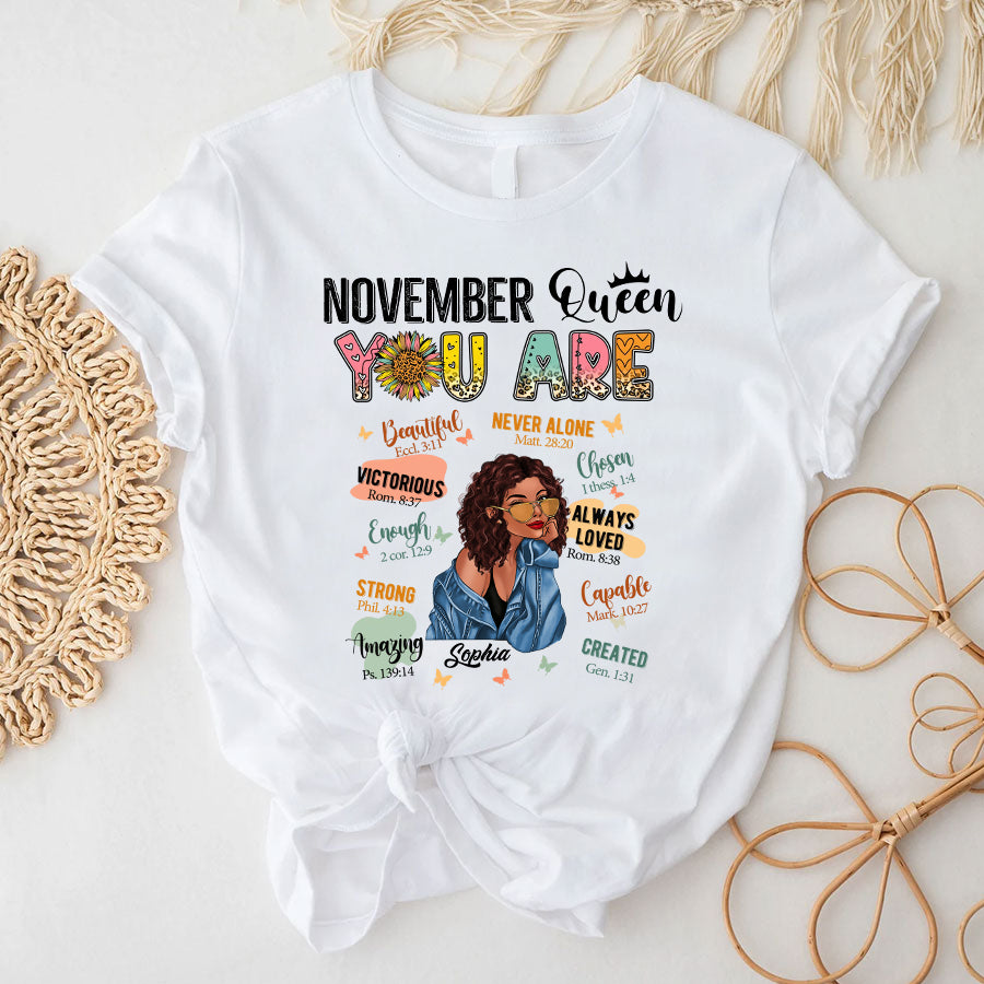 Personalized November T Shirt, Custom November Birthday Shirt For Woman, Queens Are Born In November Gifts, Melanin Afro Woman Shirt, Black Girl Tee, Afro Queen Gift-YPT-TLQ