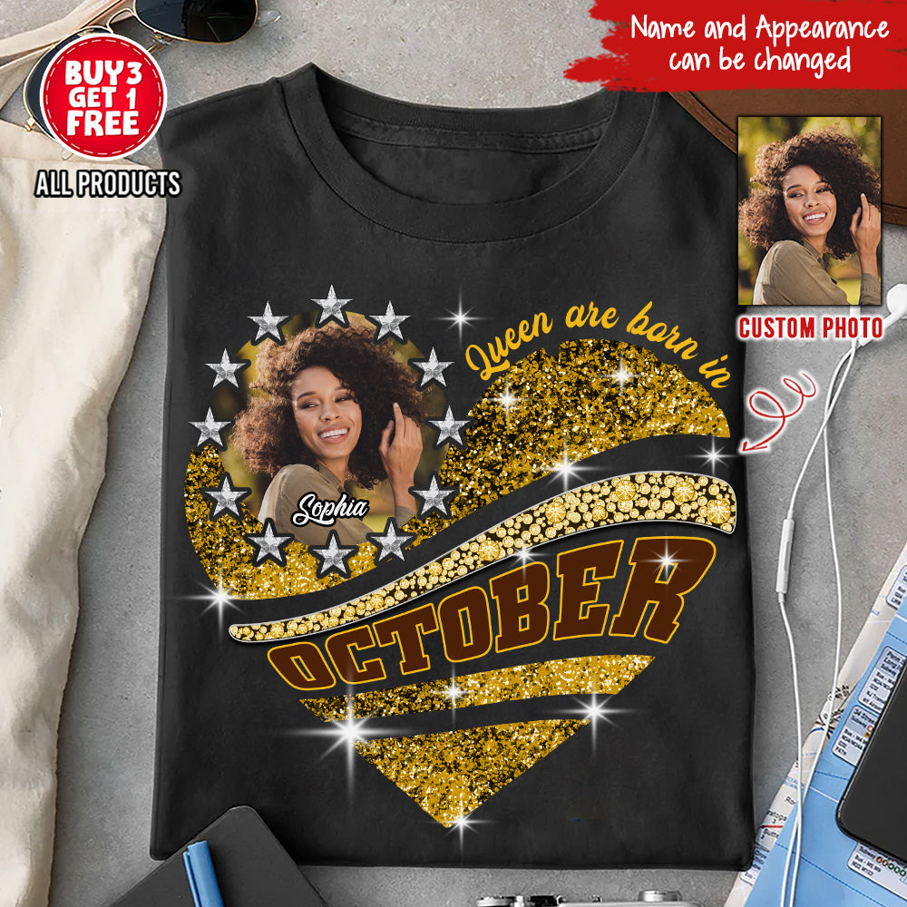 Custom Face Photo Custom October Birthday Shirt For Woman, Queens are Born In October Gifts, Melanin Afro Woman Shirt, Black Girl Tee, Afro Queen Gift-YPT-HCT