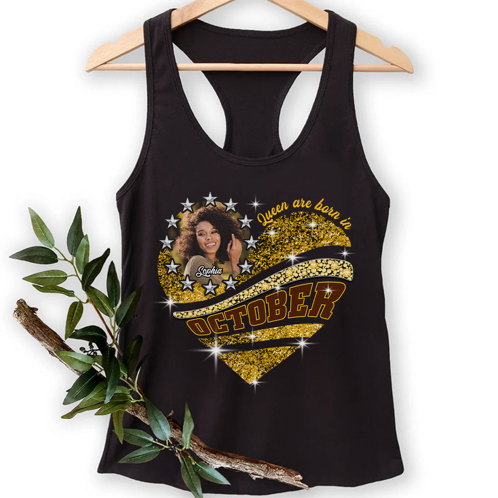 Custom Face Photo Custom October Birthday Shirt For Woman, Queens are Born In October Gifts, Melanin Afro Woman Shirt, Black Girl Tee, Afro Queen Gift-YPT-HCT