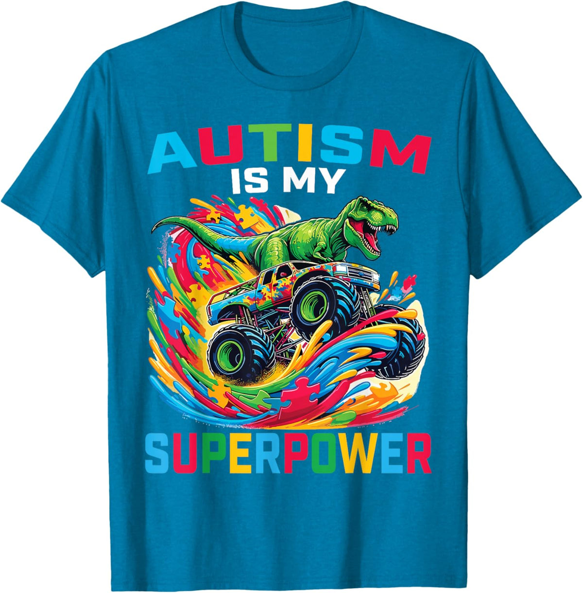 Autism Is My Superpower Dino T Rex Monster Truck Kids Boys