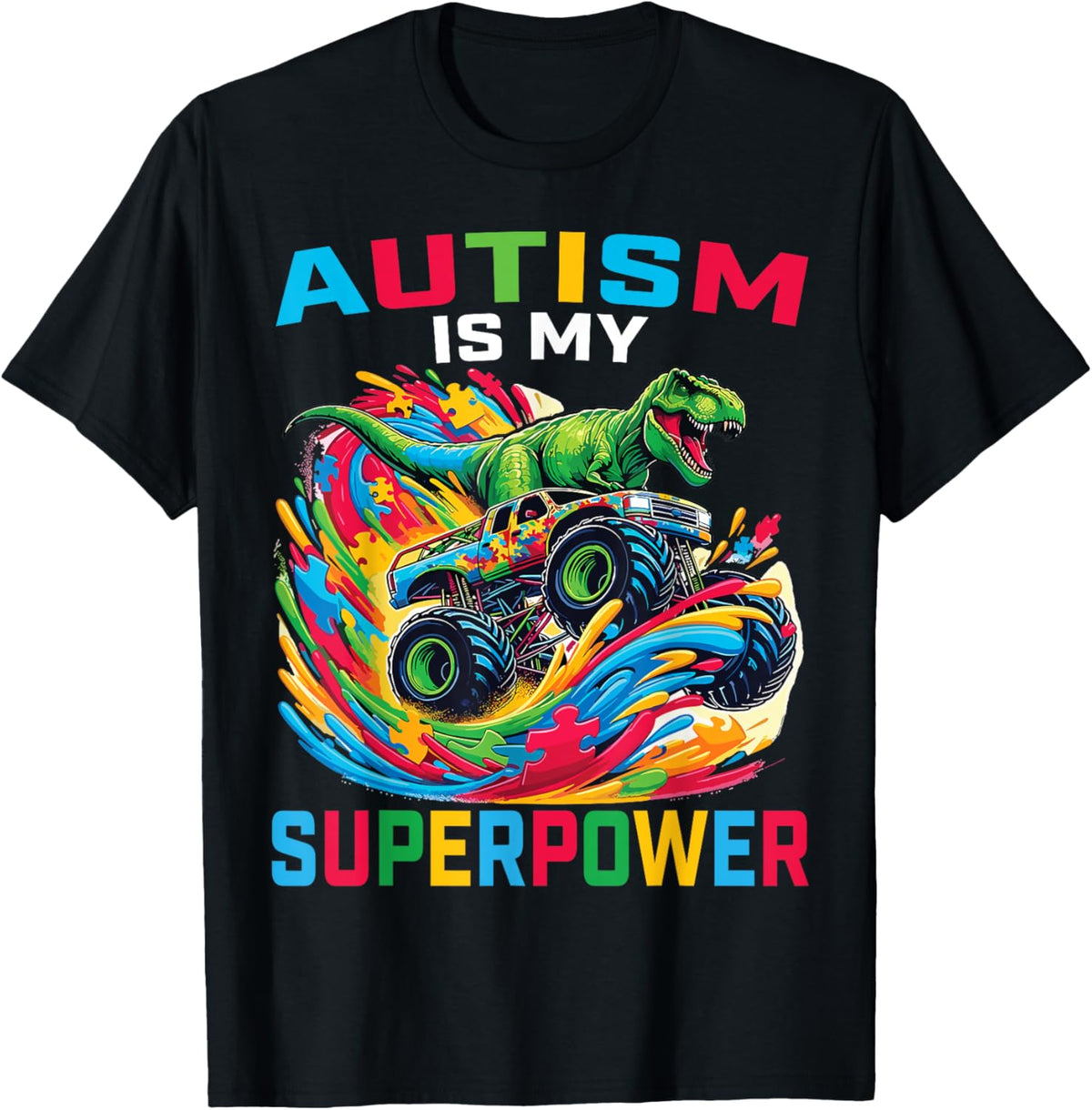 Autism Is My Superpower Dino T Rex Monster Truck Kids Boys