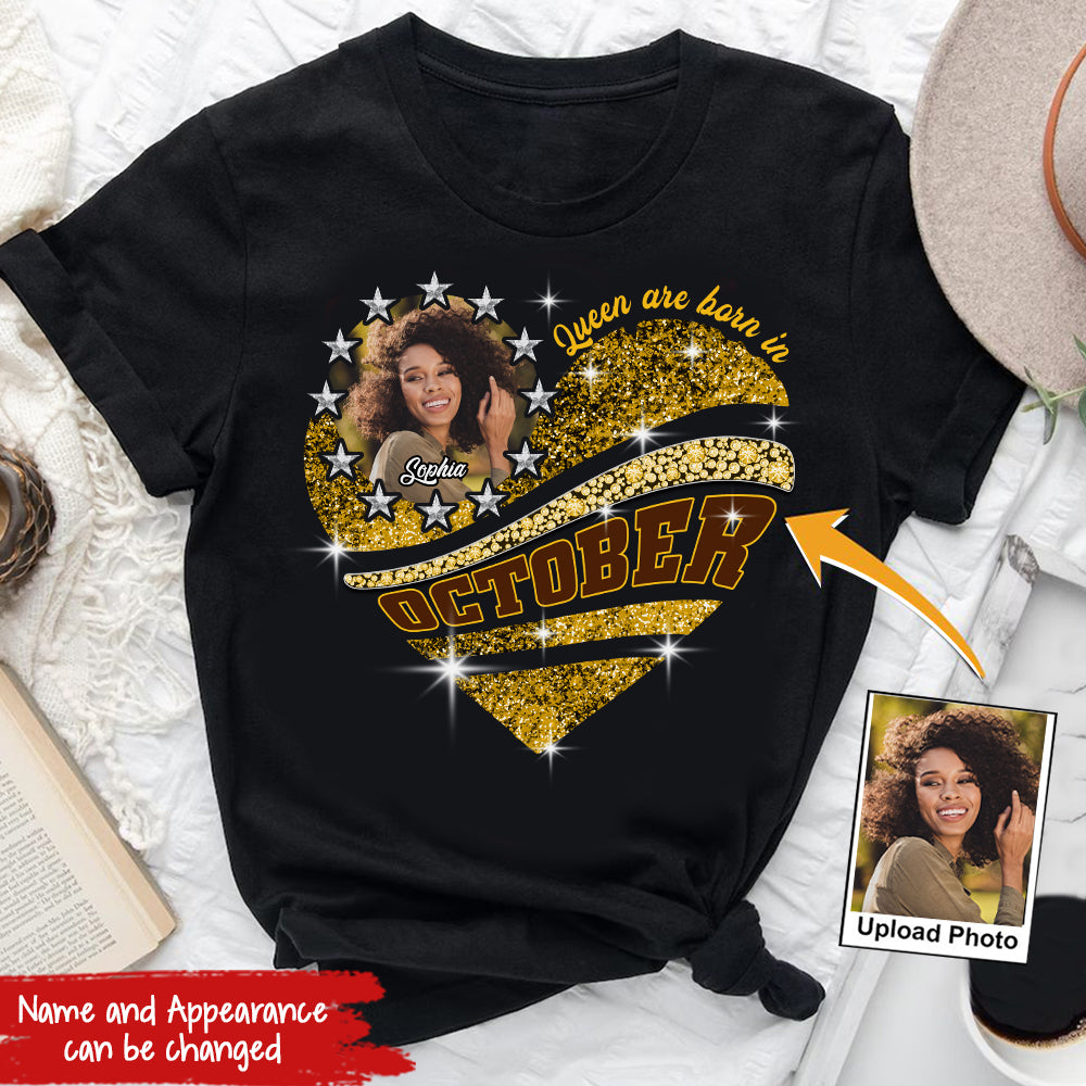 Custom Face Photo Custom October Birthday Shirt For Woman, Queens are Born In October Gifts, Melanin Afro Woman Shirt, Black Girl Tee, Afro Queen Gift-YPT-HCT