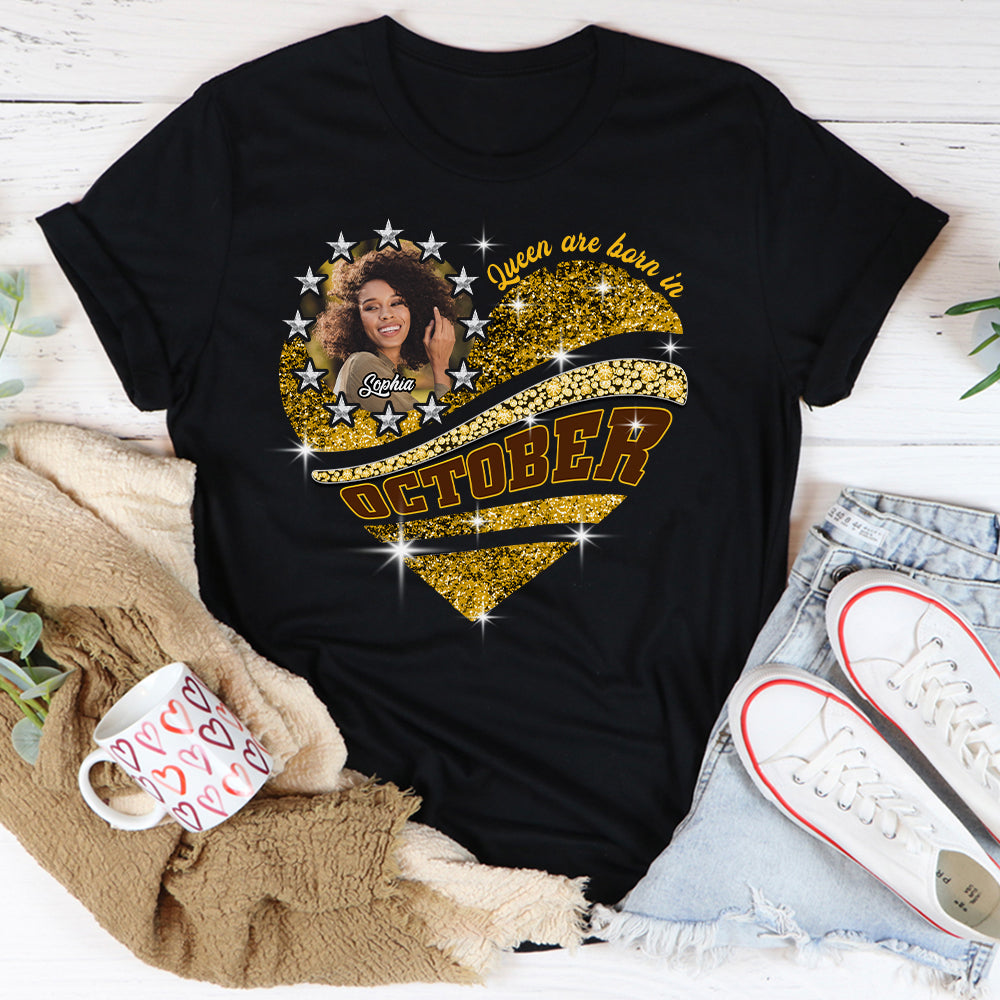 Custom Face Photo Custom October Birthday Shirt For Woman, Queens are Born In October Gifts, Melanin Afro Woman Shirt, Black Girl Tee, Afro Queen Gift-YPT-HCT