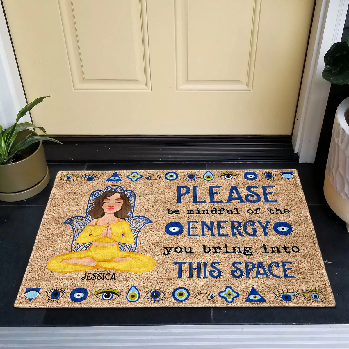 Please Be Mindful Of The Energy You Bring Into This Space - Personalized Doormat for Yoga Lovers
