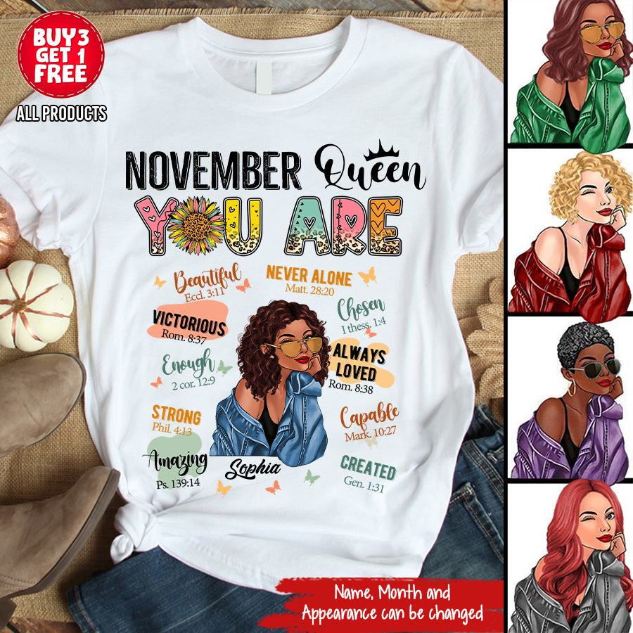 Personalized November T Shirt, Custom November Birthday Shirt For Woman, Queens Are Born In November Gifts, Melanin Afro Woman Shirt, Black Girl Tee, Afro Queen Gift-YPT-TLQ
