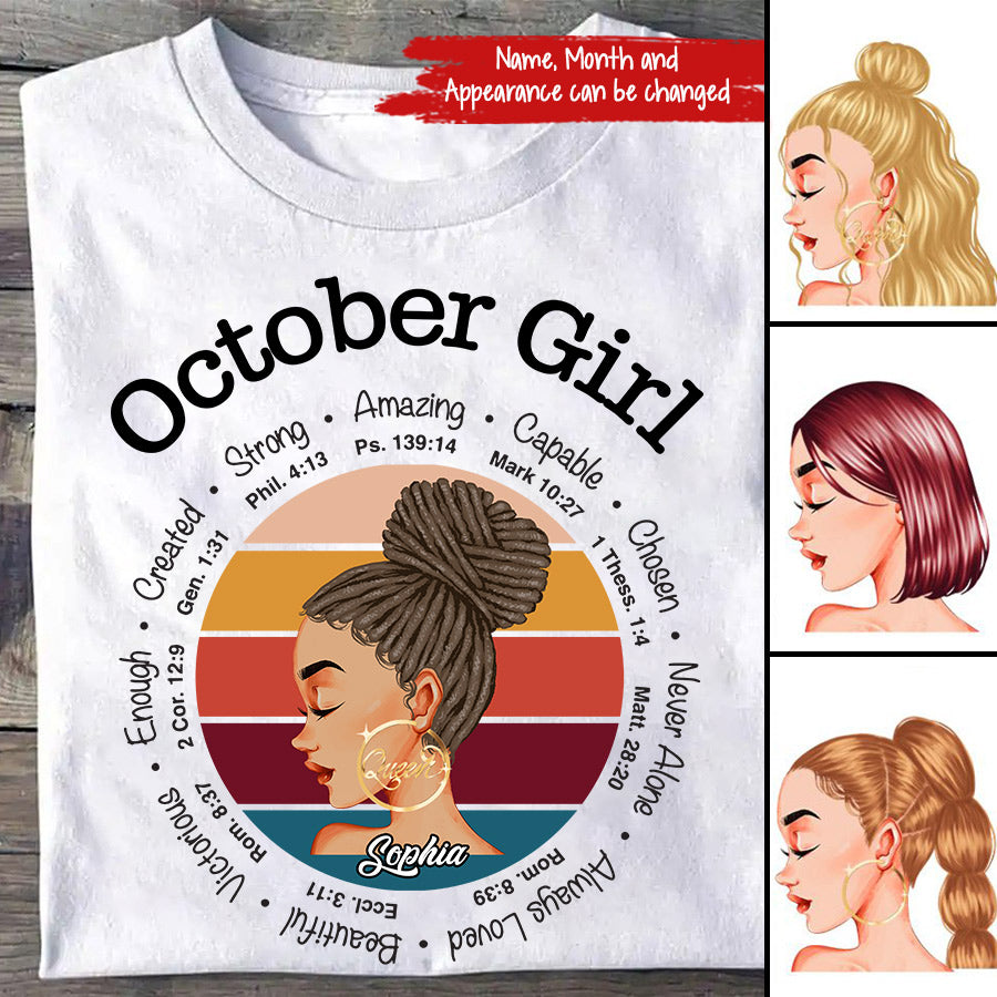 Custom October Birthday Shirt For Woman, Queens are Born In October Gifts, Melanin Afro Woman Shirt, Black Girl Tee, Afro Queen Gift-YPT-TLQ