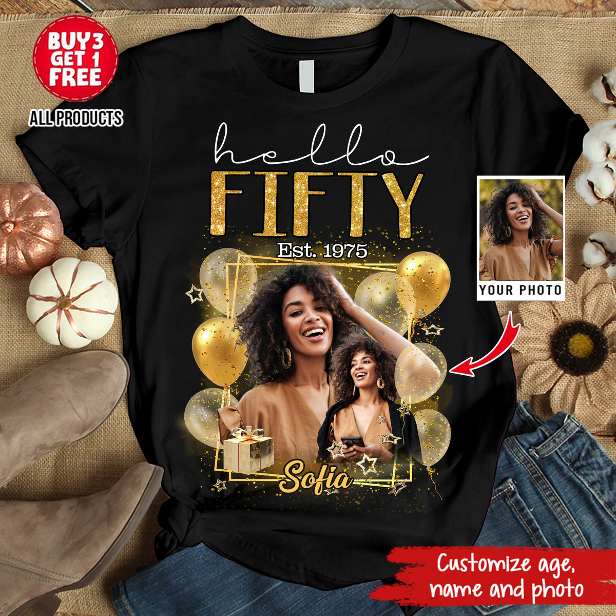 Custom Face Photo 50&#39;s Birthday Shirt, 50th Birthday Unique T Shirt For Woman, Custom Birthday Shirt, Her Gifts For 50 Years Old, Custom Picture Tee, Personalized Birthday Shirt-YPT-HMT