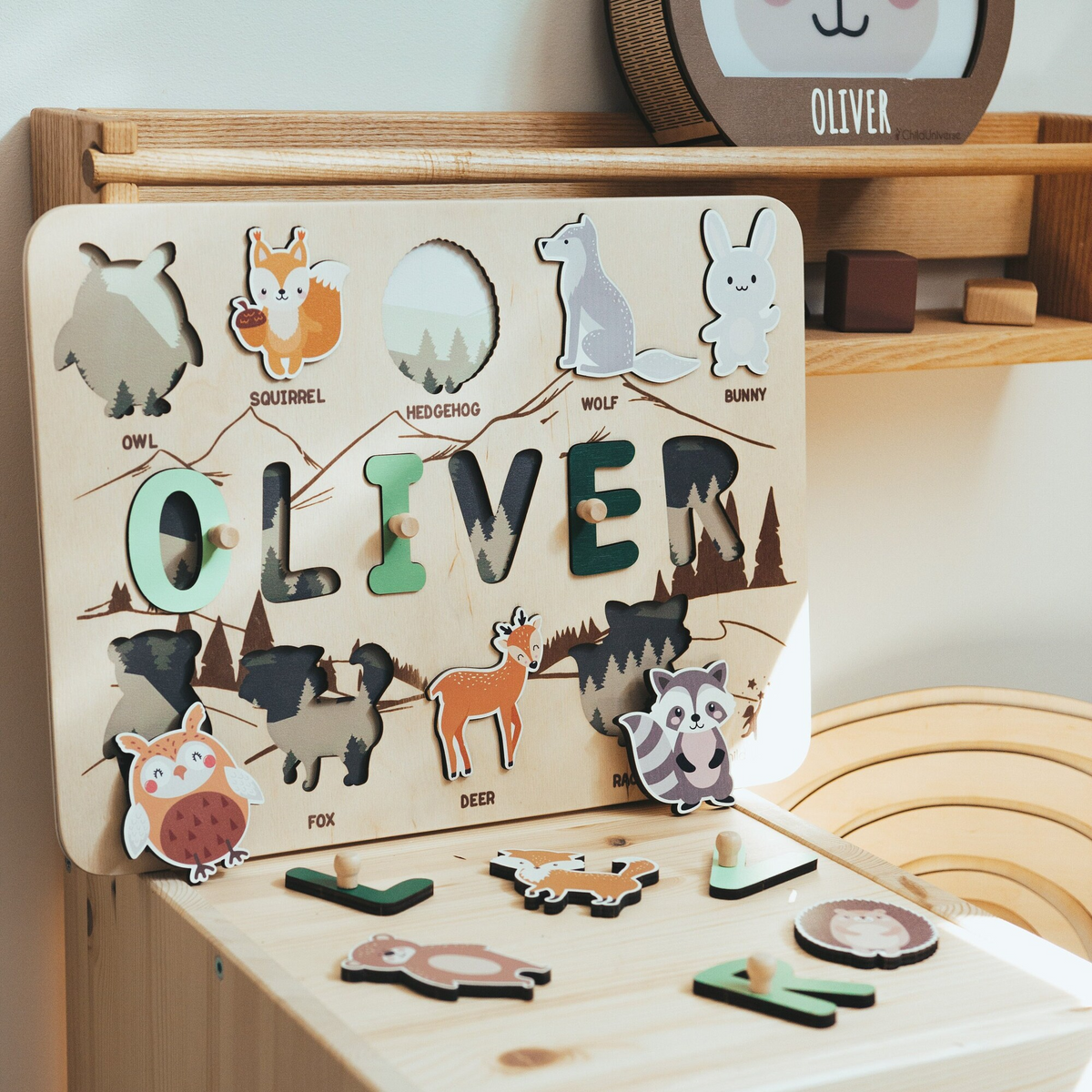 Personalized BusyBoard with Woodland Animals, Custom Sensory Board for kids, Woodland toys for kids, Montessori Board, Wooden Puzzle Board