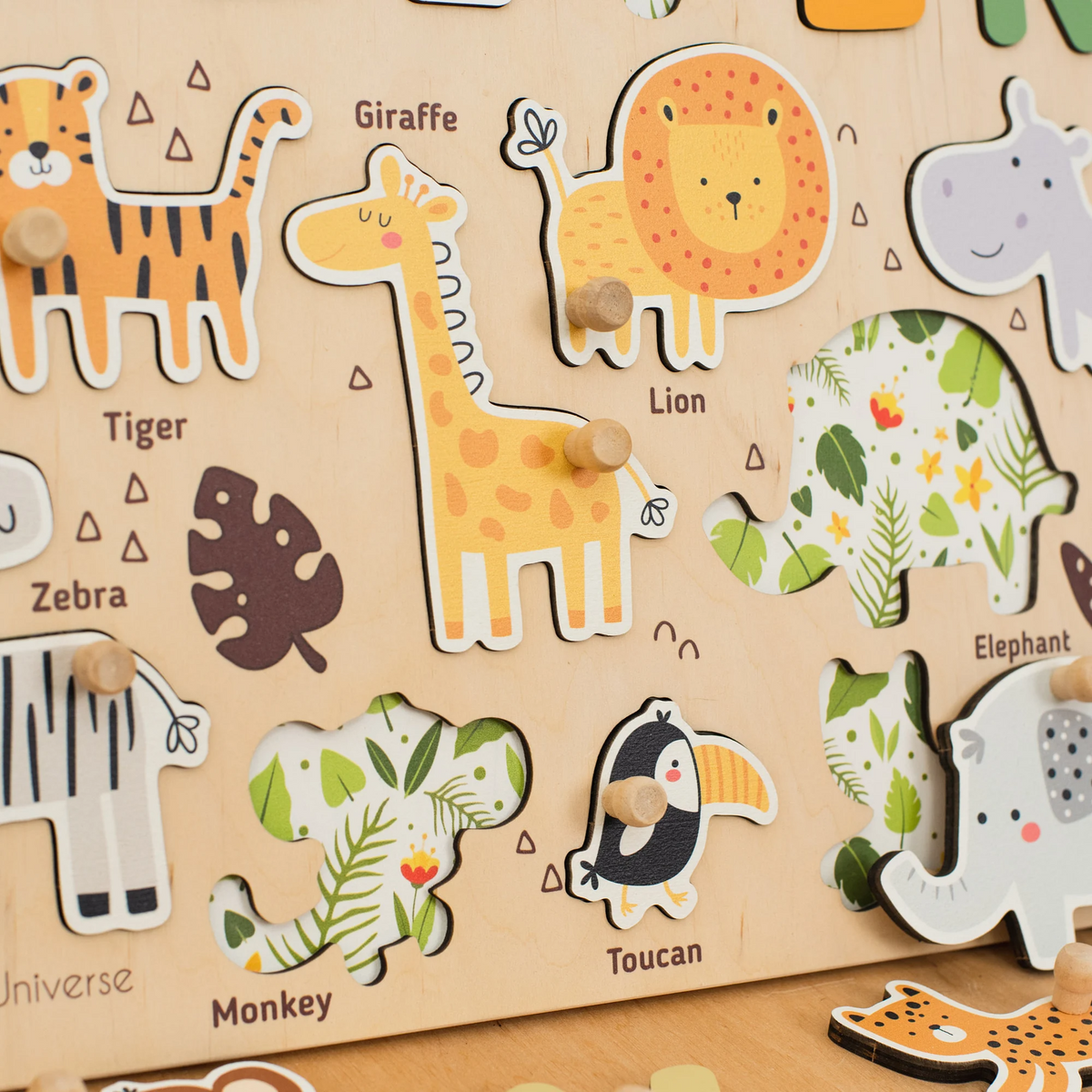Personalized BusyBoard with Jungle Animals, Custom Sensory Board for kids, Safari Nursery toys for kids, Montessori Board, Wooden Puzzle Board