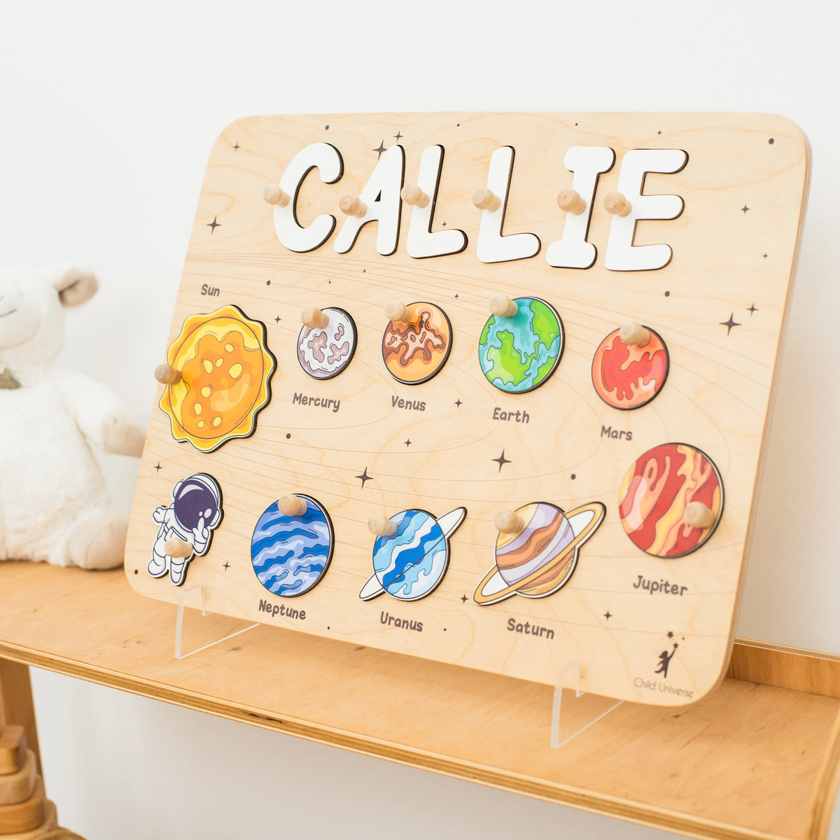 Personalized BusyBoard with Space Planet, Custom Sensory Board for kids, Universe toys for kids, Montessori Board, Wooden Puzzle Board
