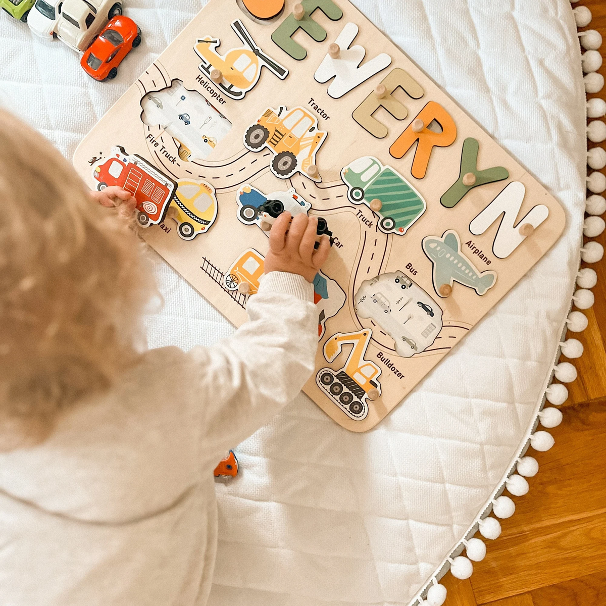 Personalized BusyBoard with Transport, Custom Sensory Board for kids, Cars toys for kids, Montessori Board, Wooden Puzzle Board