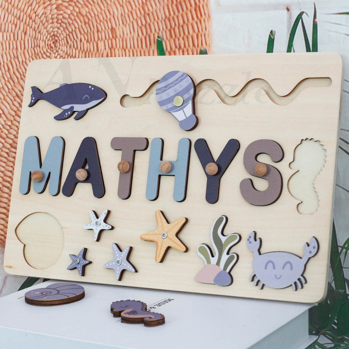 Personalized BusyBoard with Ocean Animals, Gifts For Kids, Wooden Puzzle Board, Custom Ocean Sensory Board for kids, Toys for kids, Montessori Board