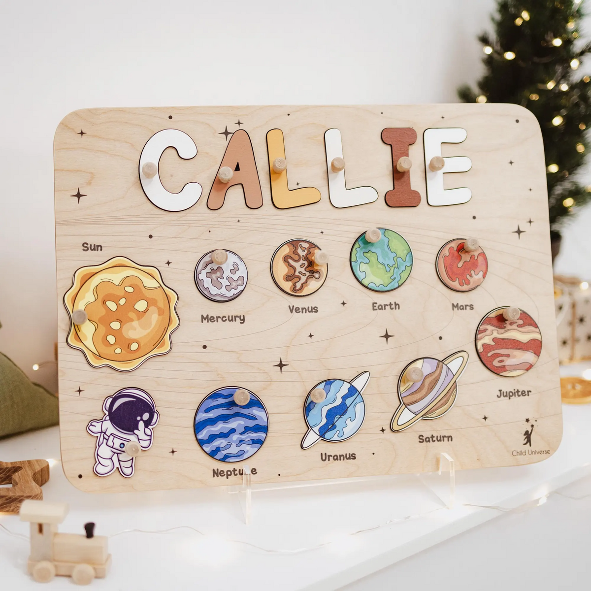 Personalized BusyBoard with Space Planet, Custom Sensory Board for kids, Universe toys for kids, Montessori Board, Wooden Puzzle Board